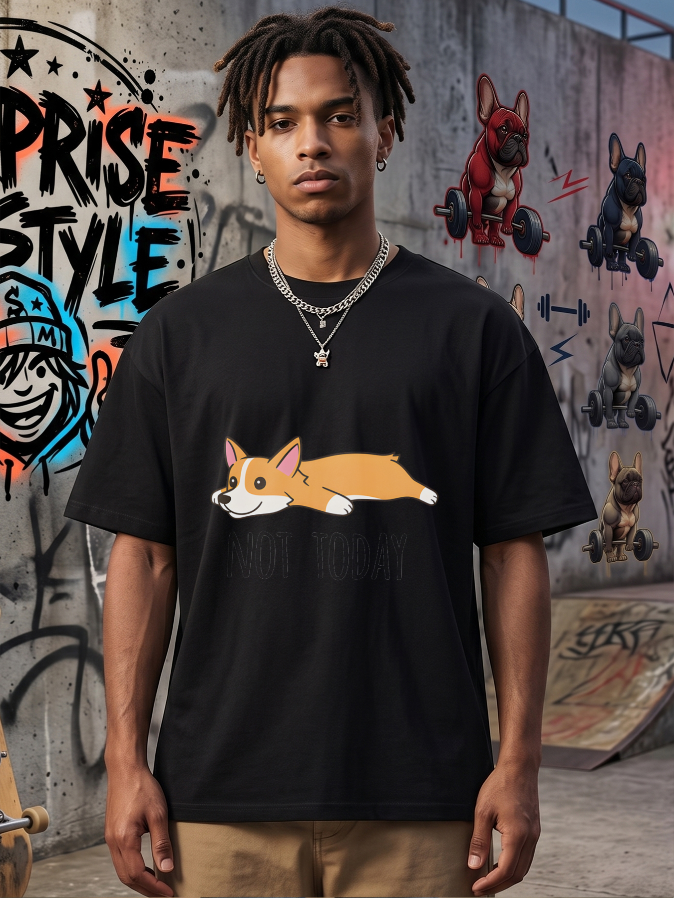 Men's Printed T-Shirt Featuring Lying Corgi Dog with 