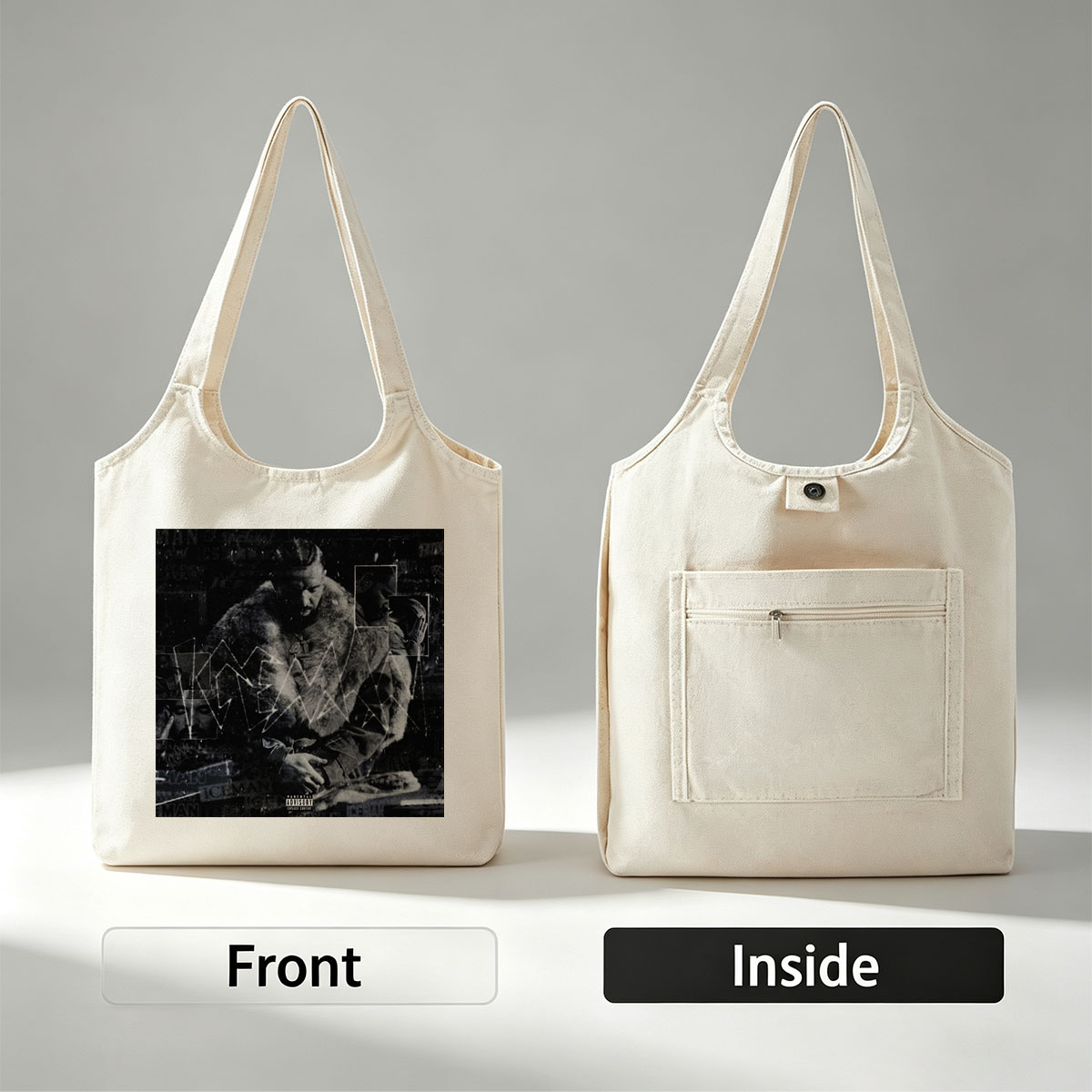 Kendrick Lamar in a fur-lined coat with geometric overlays and collage elements on a dark, textured background - Canvas shoulder bags/