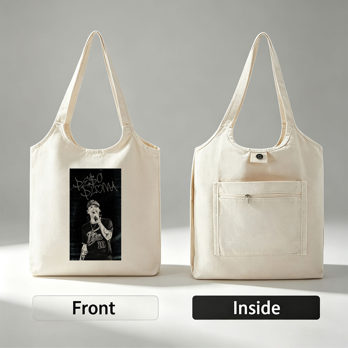 Peso Pluma Performing Live in Black and White Concert Photo - Canvas shoulder bags/