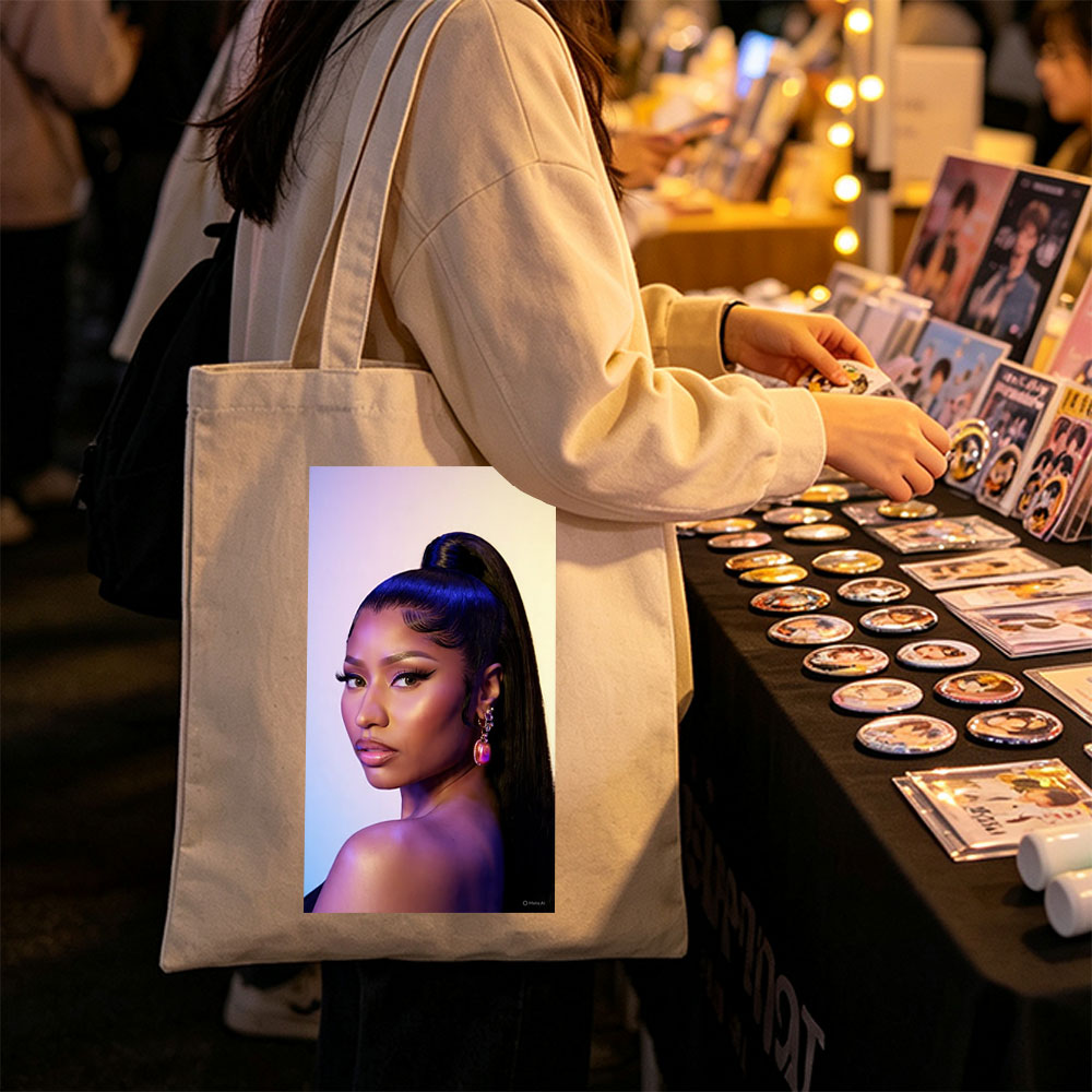 Nicki Minaj in a Stunning Portrait with Bold Makeup and High Ponytail Under Purple Lighting - Canvas tote bags