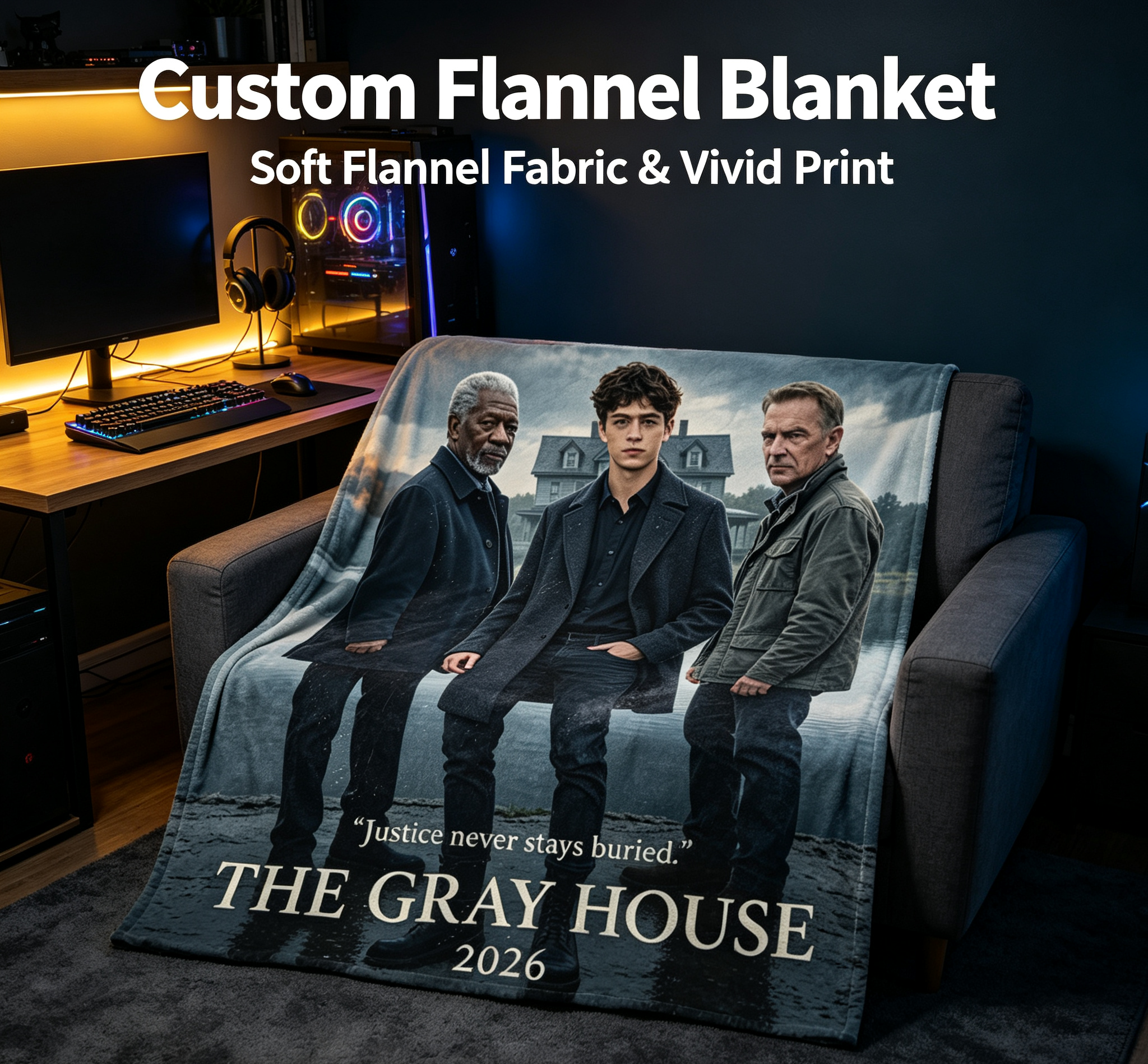 Custom Face Blanket The Gray House Movie Poster Flannel Blanket for Home Decor and Movie Fans Gift or Giveaway
