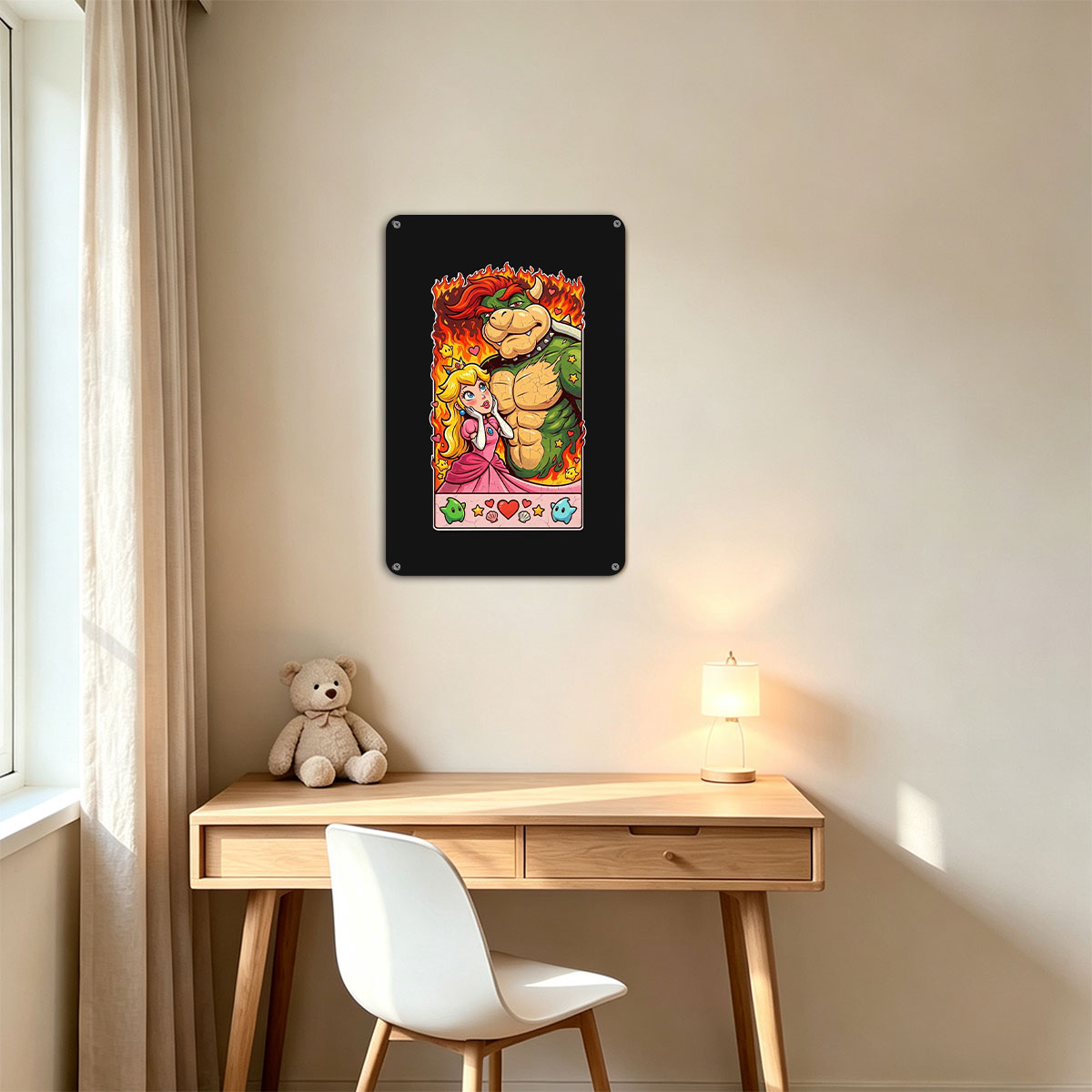 Bowser and Princess Peach in a fiery romantic scene, surrounded by hearts, stars, and mushrooms. - painting