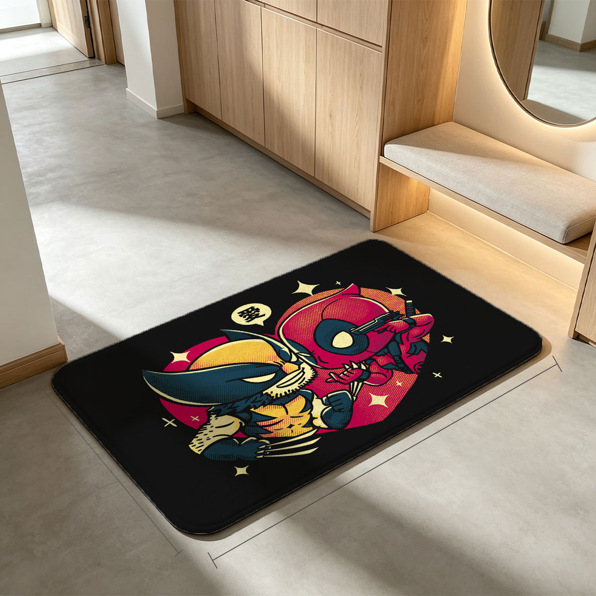 Wolverine and Deadpool in a Heart-Shaped Embrace with Love Symbol - Flannel floor mat