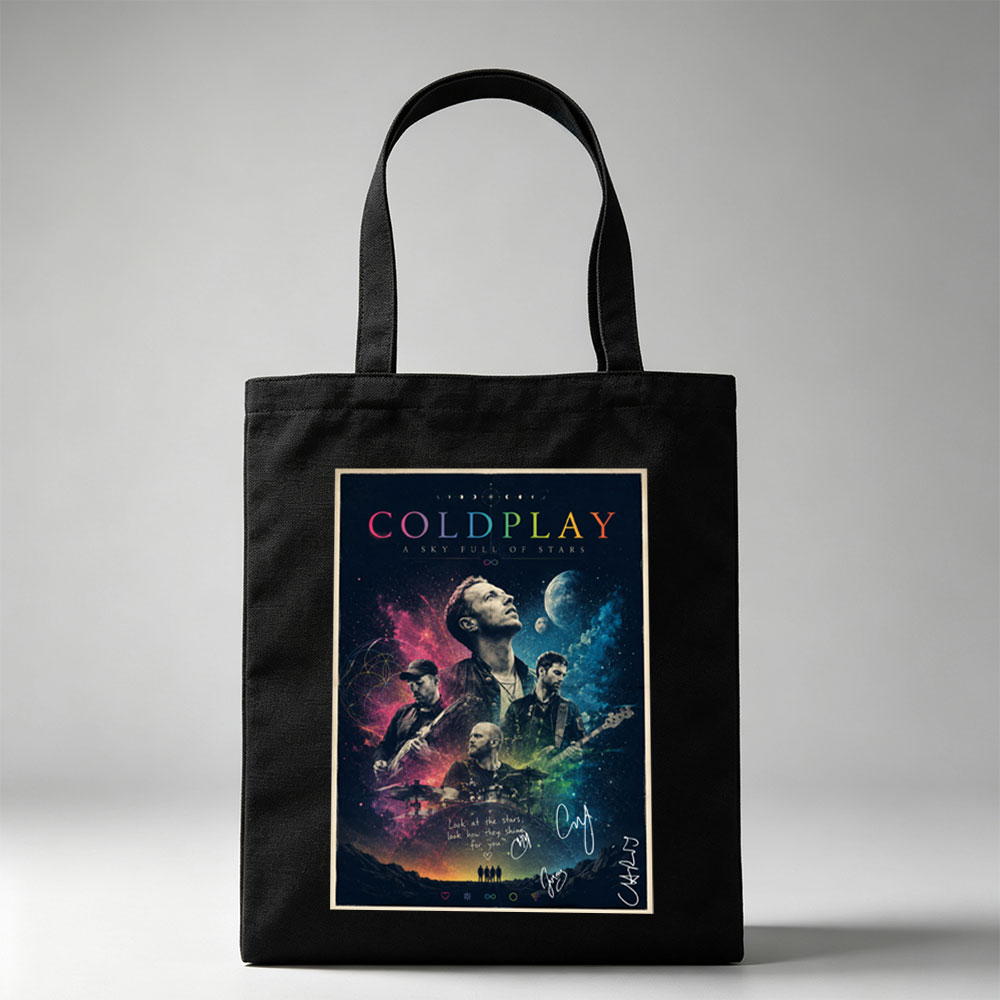 Coldplay Band in Cosmic Scene with Stars and Planets Background Poster - Canvas tote bags