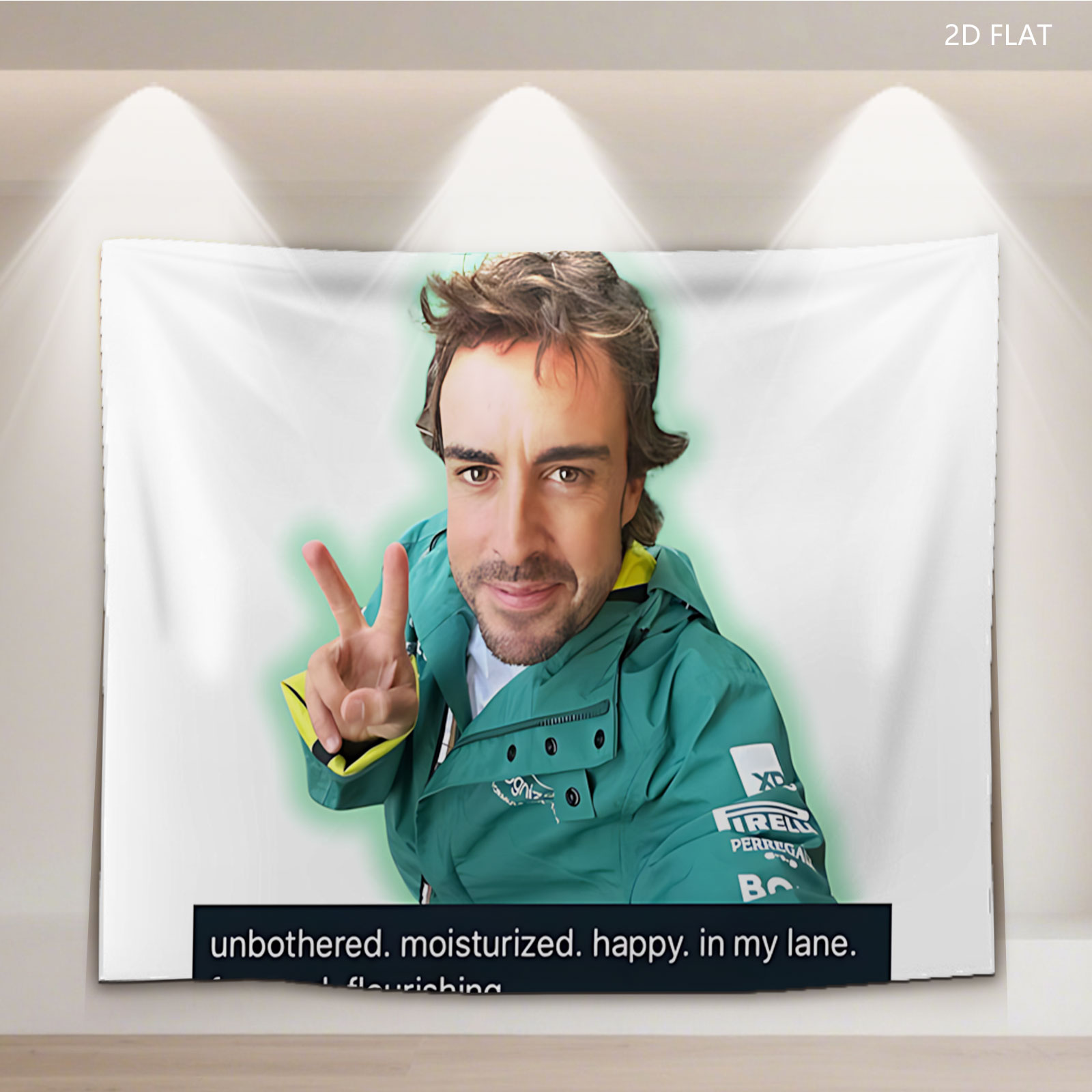 Fernando Alonso in Green Jacket Making Peace Sign with Text Overlay - Tapestry