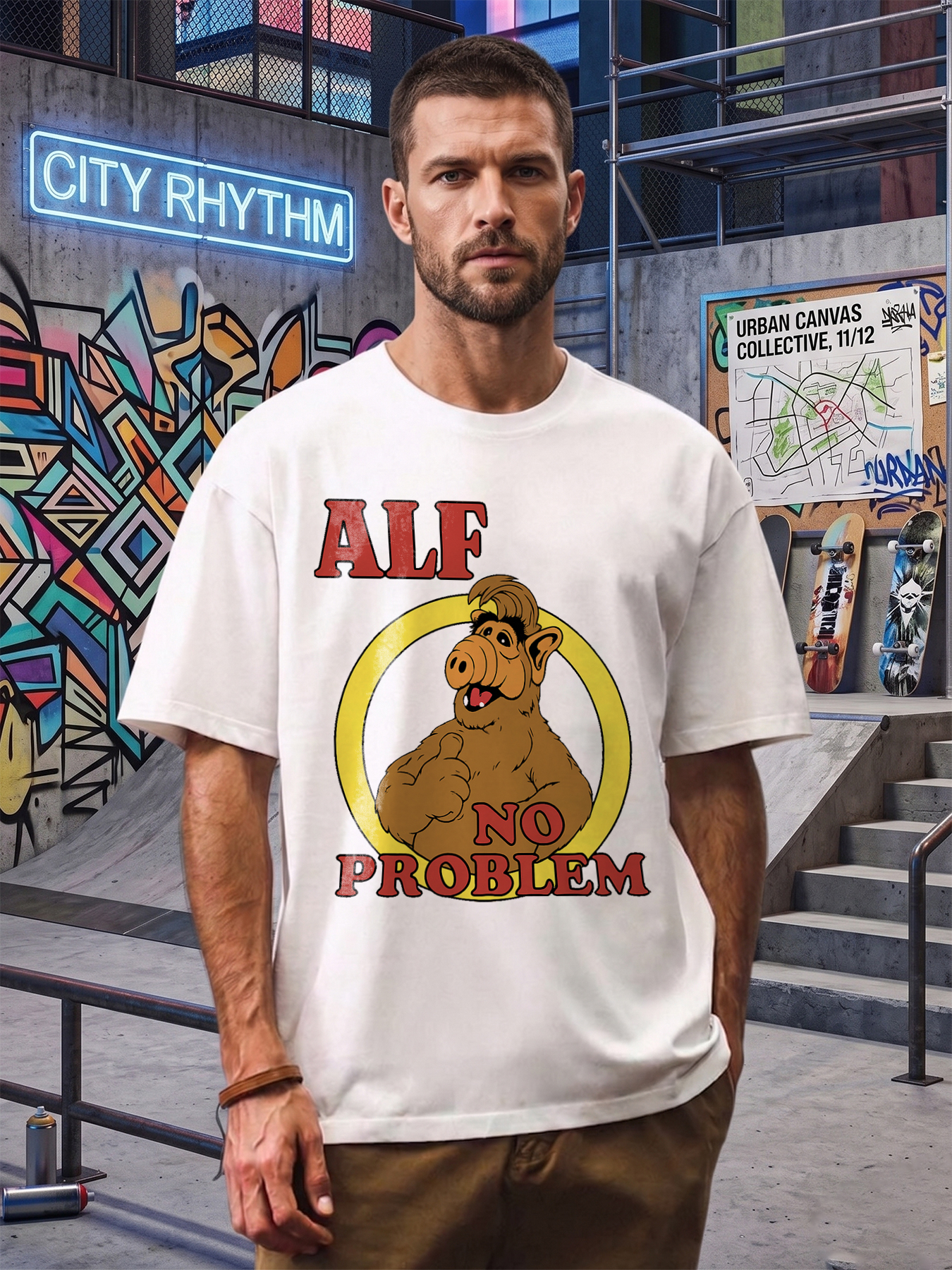 Men's Printed T-Shirt ALF No Problem Cartoon Character Design Casual Round Neck Summer Lightweight Breathable Short Sleeve T-Shirt for Fans of Classic TV Shows and Pop Culture Enthusiasts