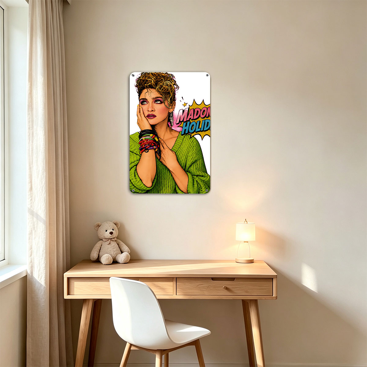 Madonna Holiday: Iconic Pop Star in Vibrant Green Sweater and Bold Accessories - painting
