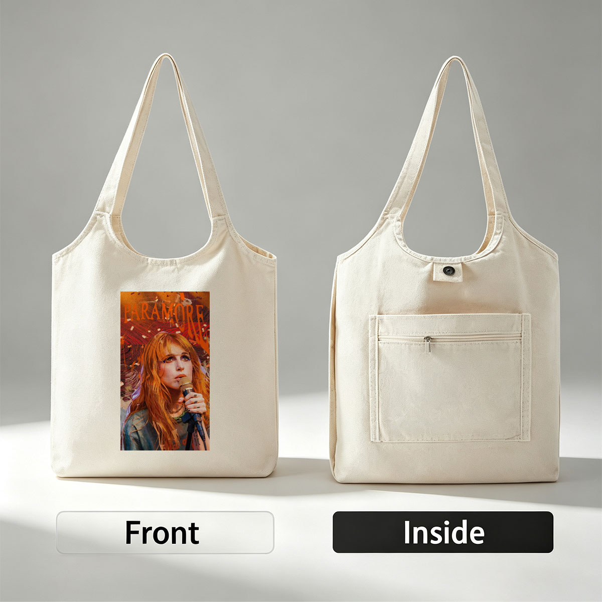 Paramore Live Performance - Hayley Williams Singing into Microphone with Vibrant Stage Background - Canvas shoulder bags/