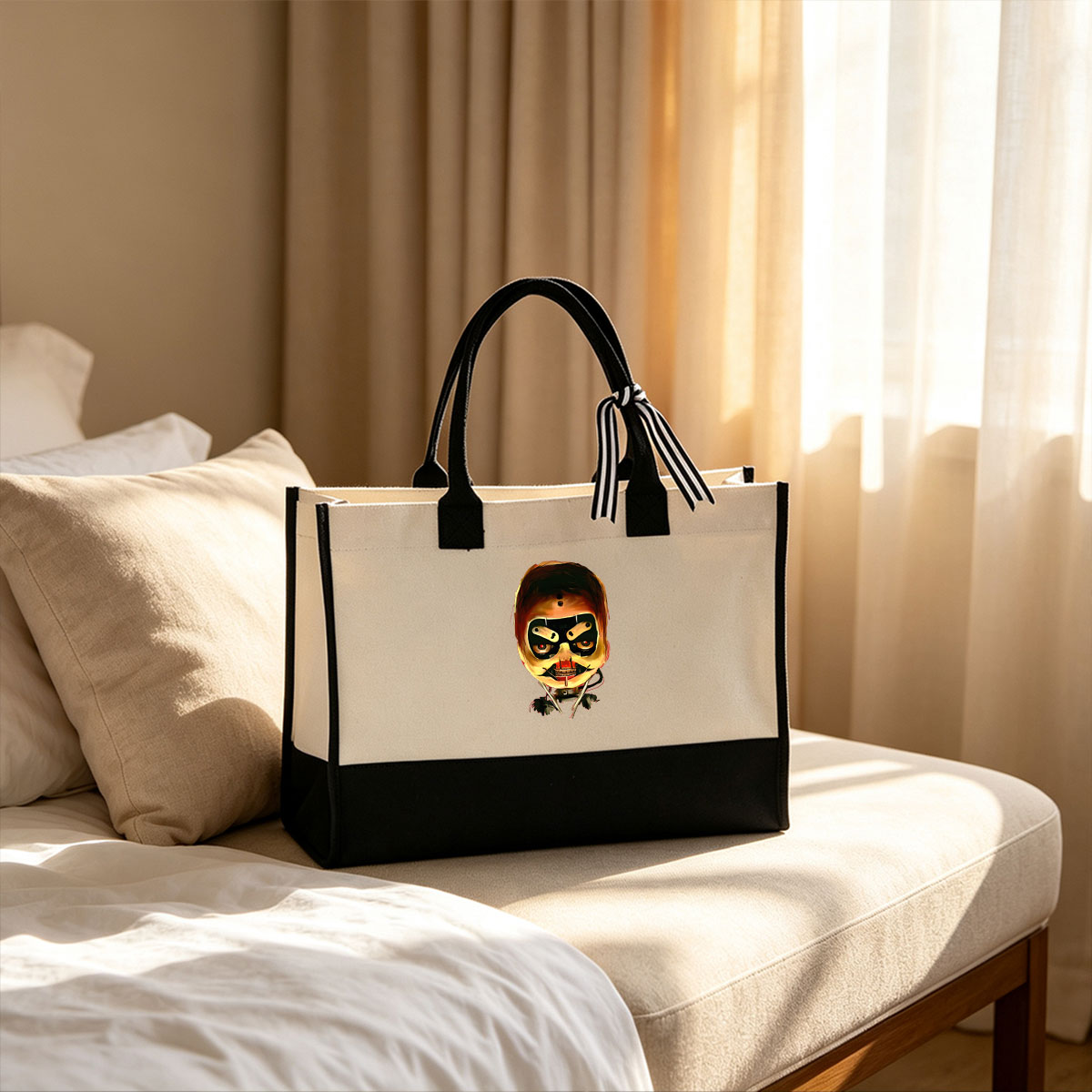Robo-Skull: Cybernetic Mask with Glowing Eyes and Mechanical Jaws - Canvas patchwork gift tote bag