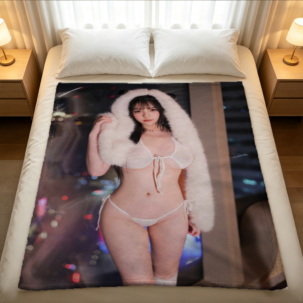 Aya Kisaki in black sheer lingerie holding a red apple. - Blanket