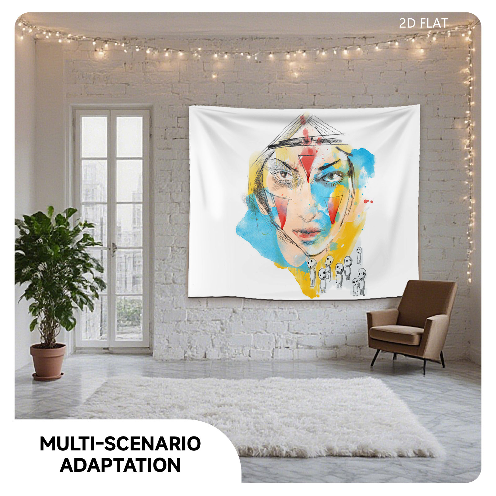 Abstract Portrait with Colorful Geometric Patterns and Miniature Figures - Tapestry