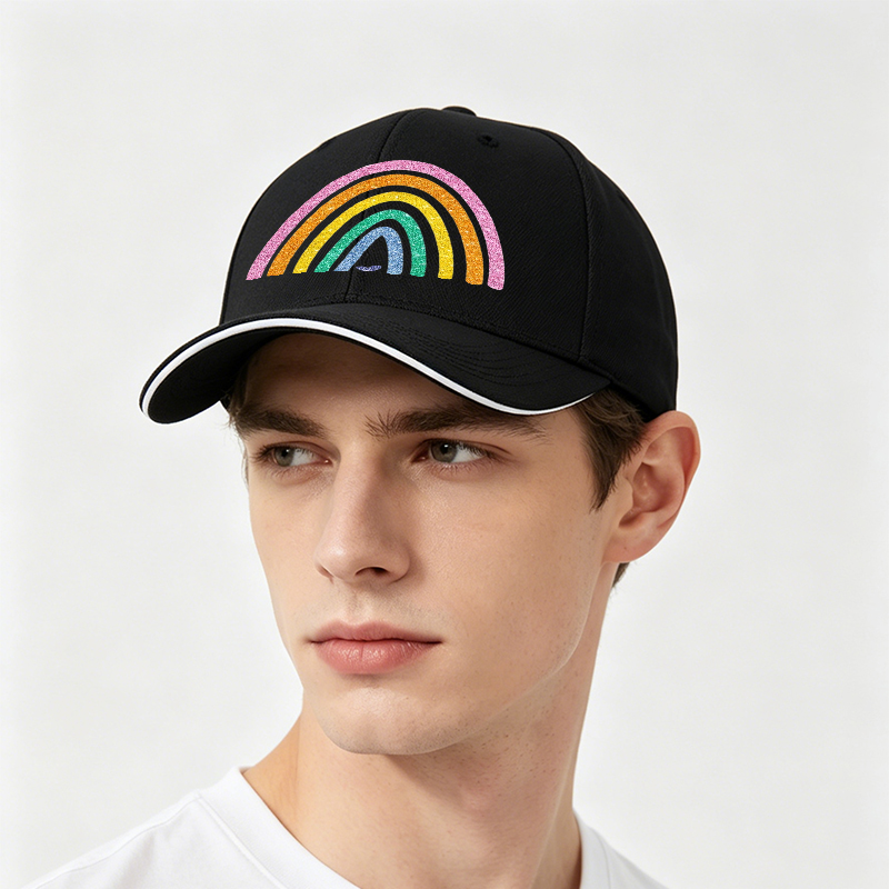 Unisex Classic Sandwich Hat with Glitter Rainbow Heart Print | Perfect for Outdoor Activities, Beach, Festival, and Daily Wear | Ideal for Adults Seeking Fun and Vibrant Style