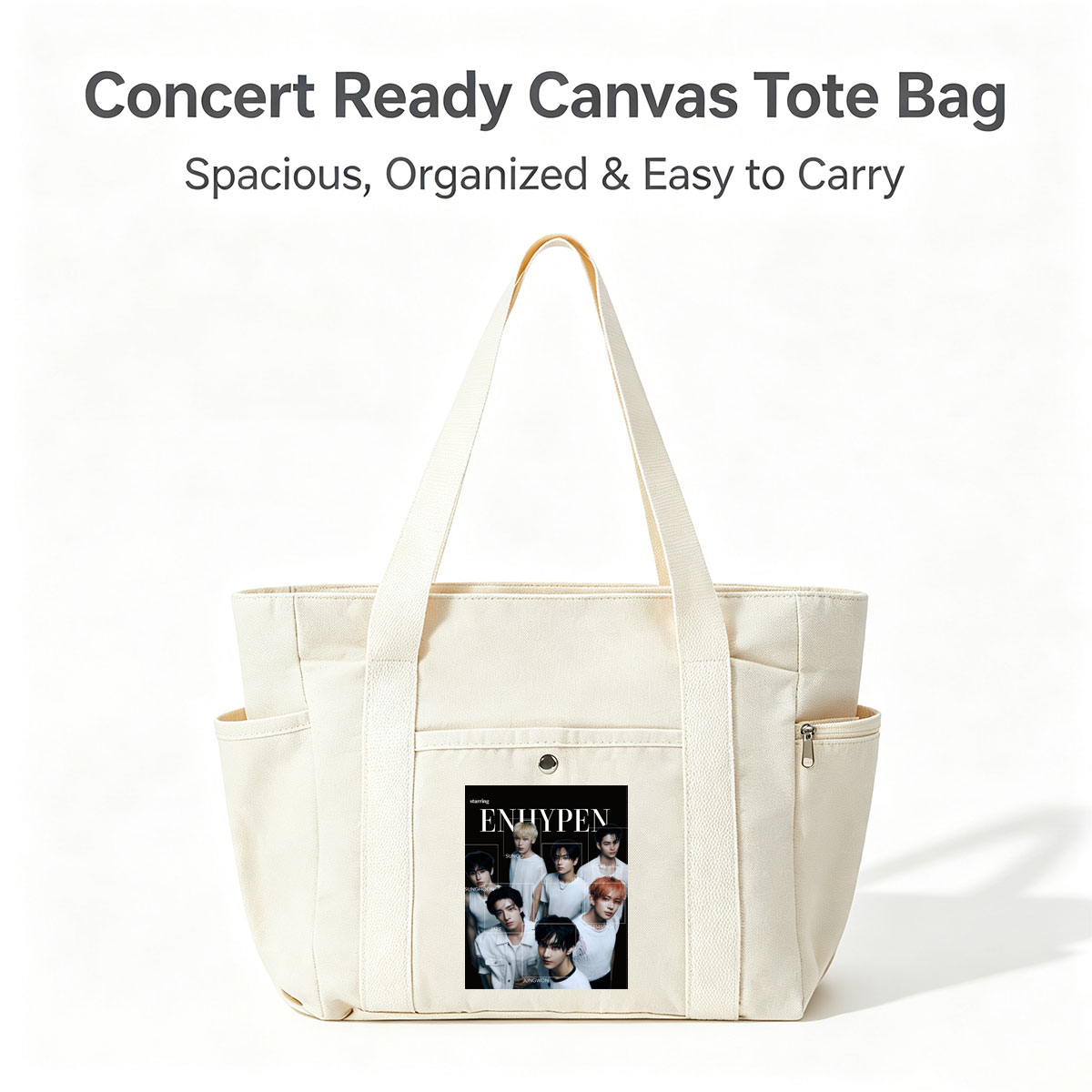 ENHYPEN in a striking black-and-white group portrait featuring all members in minimalist white outfits with individual name labels against a dark background - Multi-pocket bags