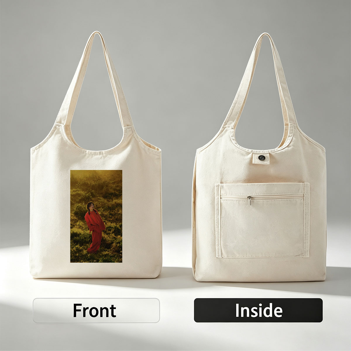 Billie Eilish in a Field Wearing a Red Outfit at Sunset - Canvas shoulder bags/