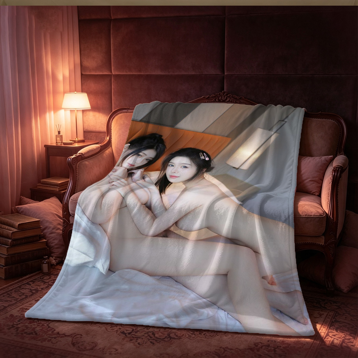 Two Women in Black Lingerie Embracing on Bed - Blanket