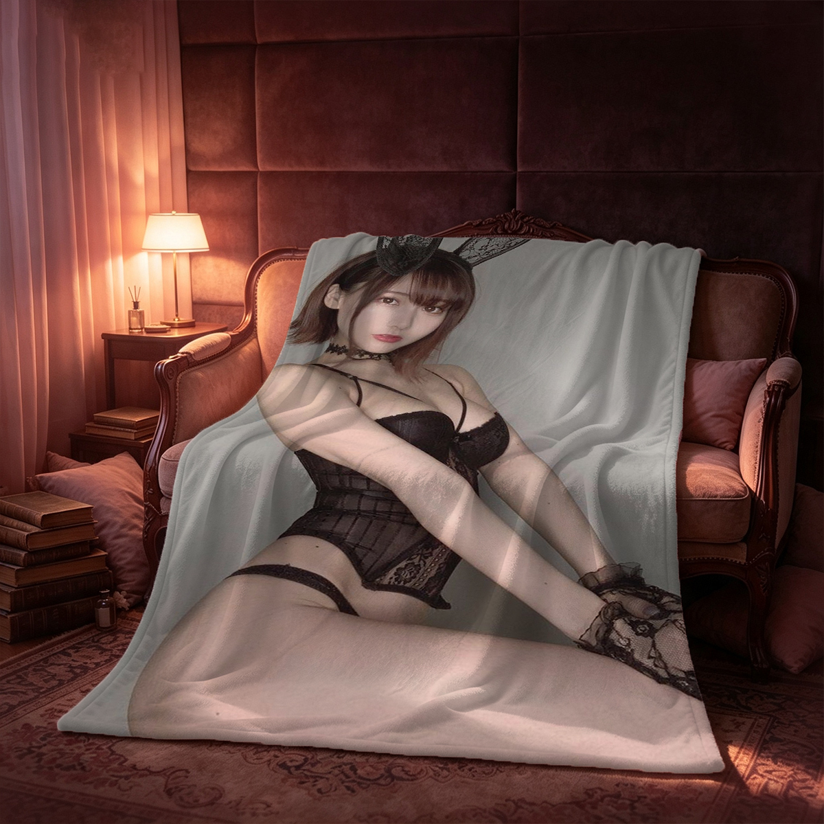 Curvy brunette in white lace lingerie and stockings posing in luxury room - Blanket