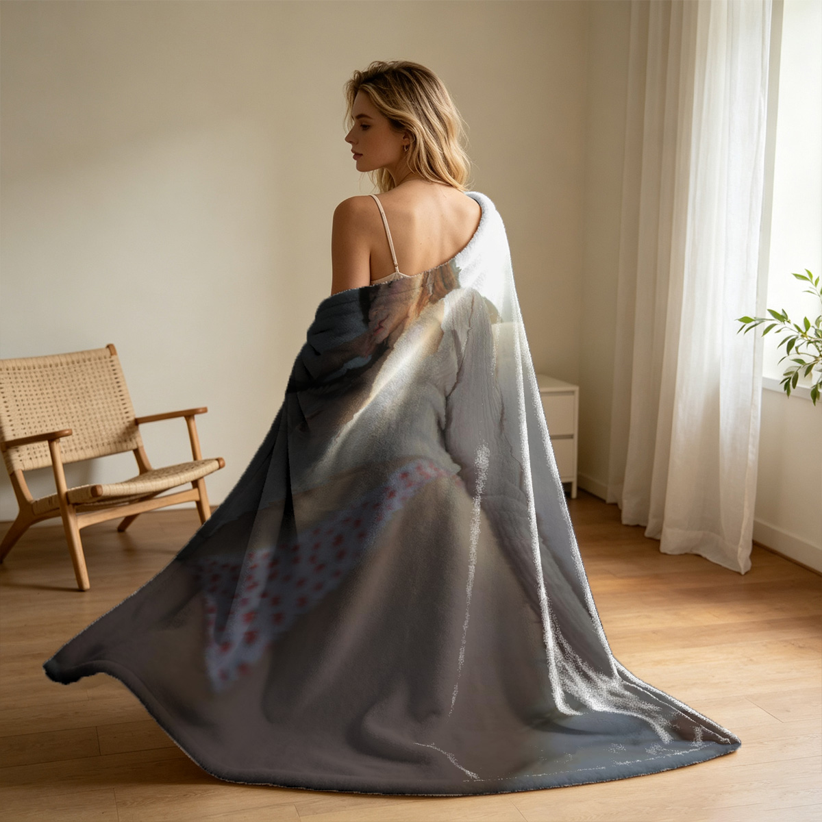 A woman in sheer blue lingerie and black stockings lounging seductively on a sofa. - Blanket