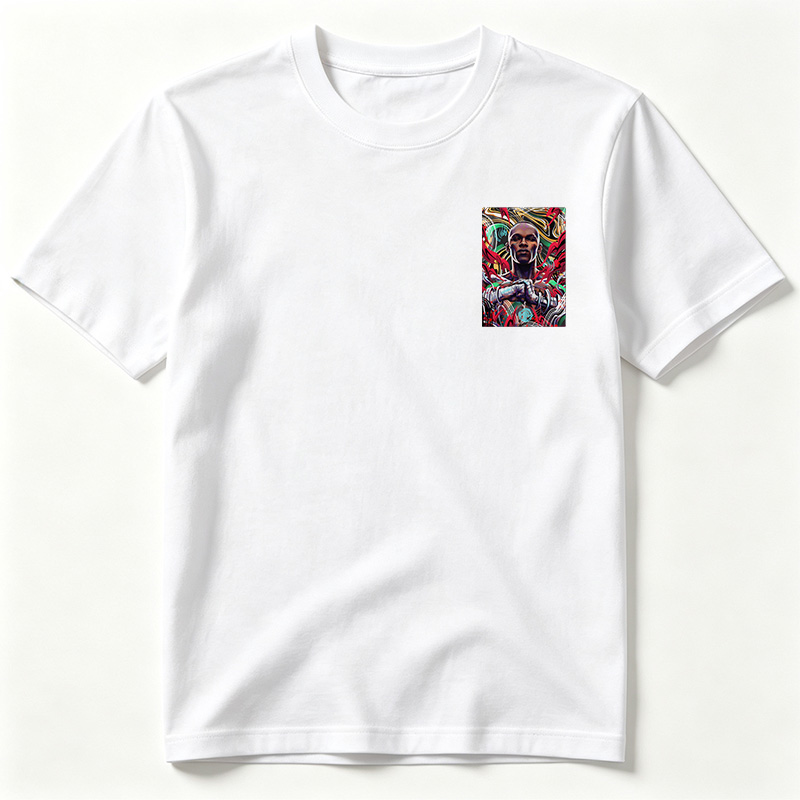 Abstract Portrait of a Futuristic Warrior with Vibrant, Dynamic Background - Tee