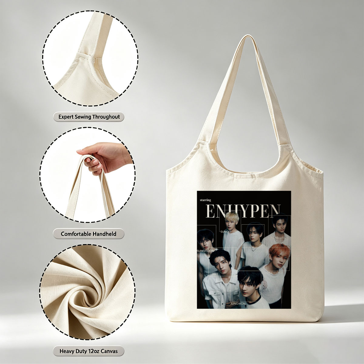 ENHYPEN in a striking black-and-white group portrait featuring all members in minimalist white outfits with individual name labels against a dark background - Canvas shoulder bags/