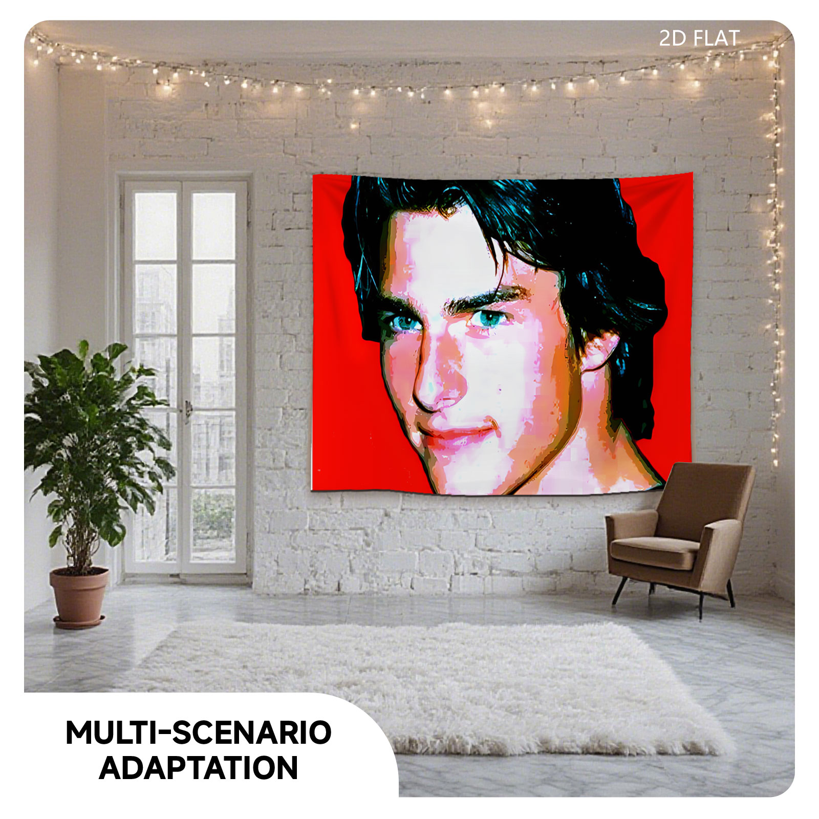 Tom Cruise in a stylized portrait with vibrant red background - Tapestry