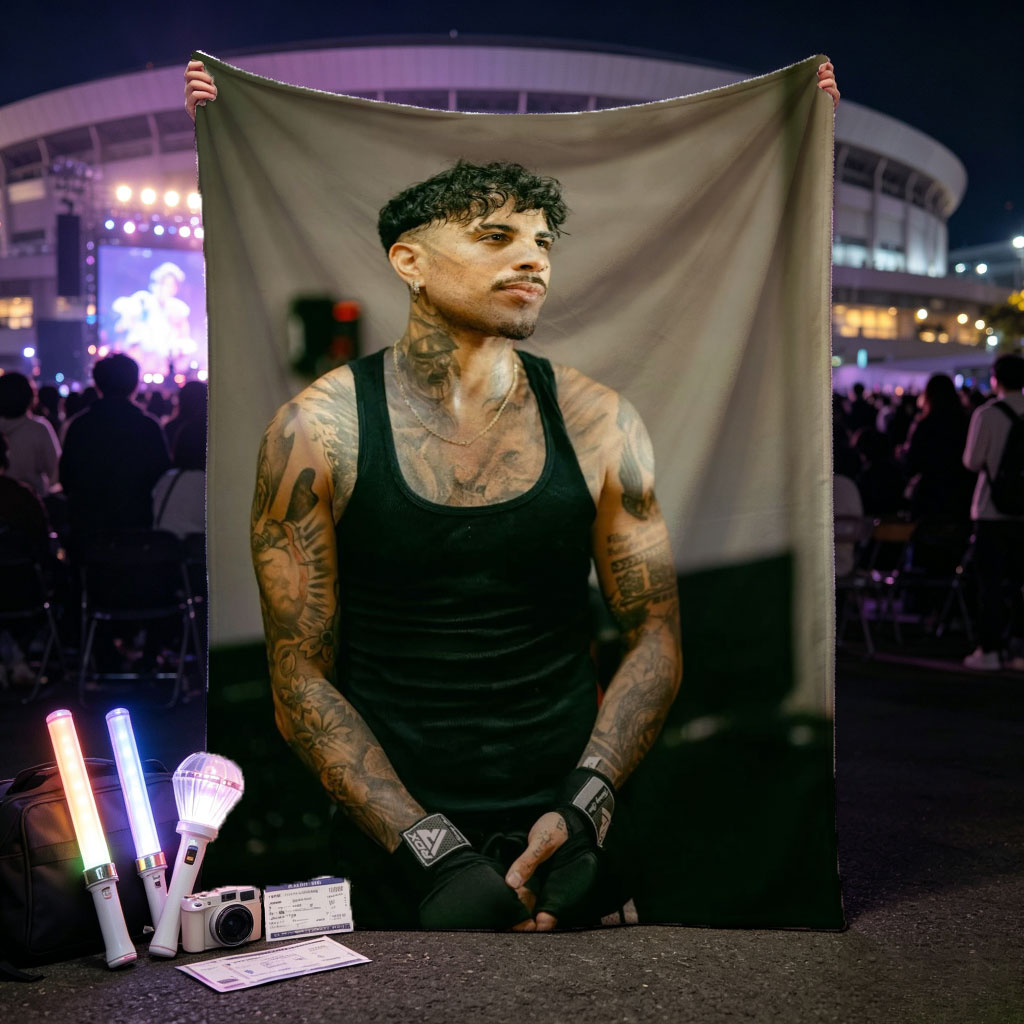 Bad Bunny in Workout Gear with Tattoos and Boxing Wraps - Blankets