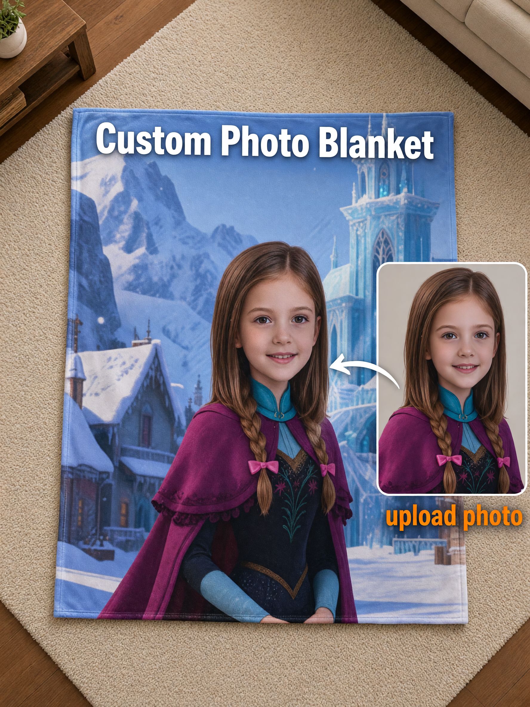 Custom Photo Face Blanket Personalized Winter Princess Castle Flannel Throw Ultra Soft Bed Couch Keepsake Gift