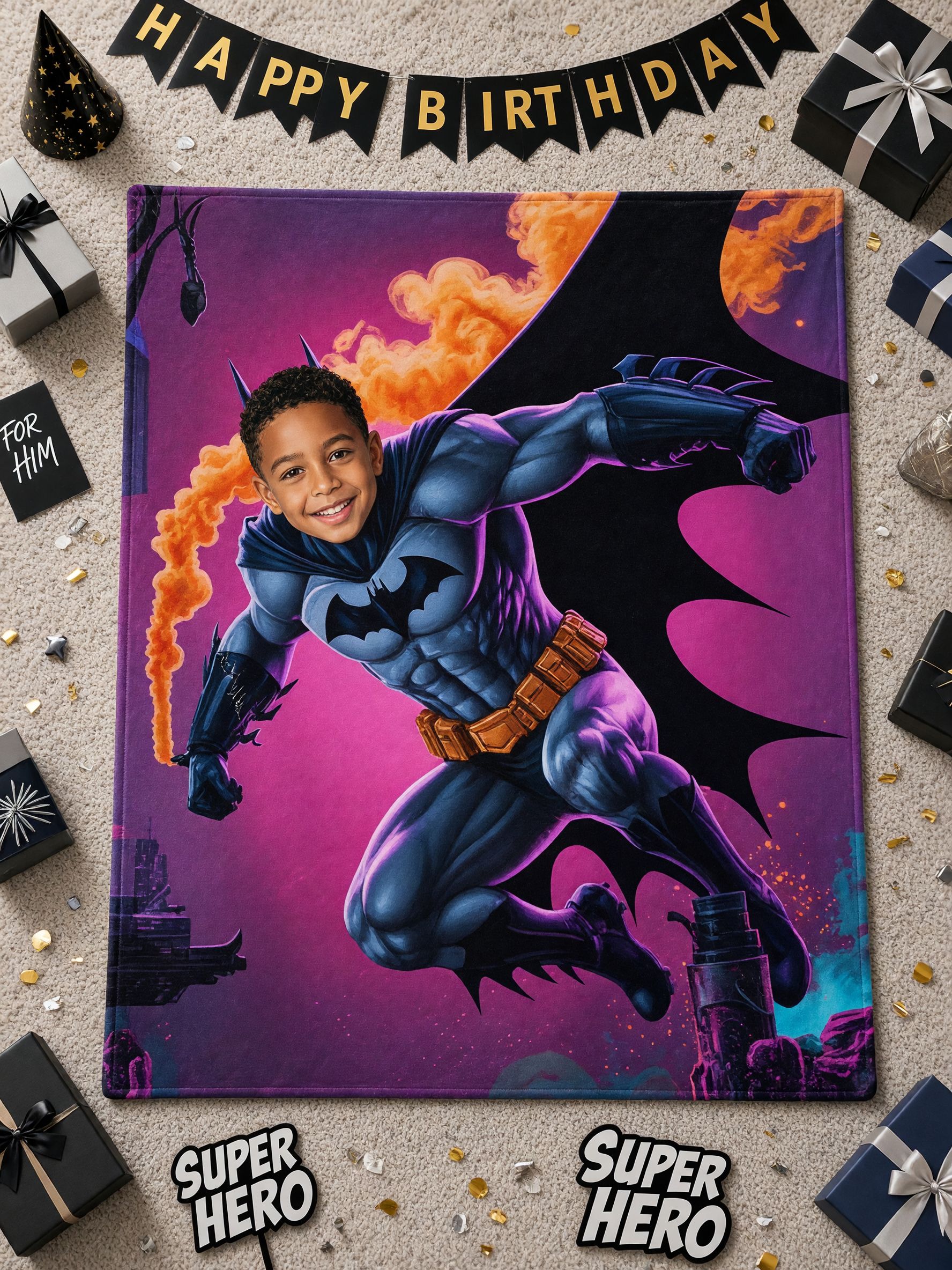 Custom Photo Face Superhero Blanket, Ultra-Soft Flannel Throw, Personalized Cozy Gift for Kids and Family