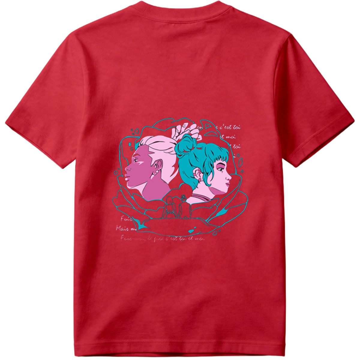 Two Women in Profile: A Stylized Artwork Featuring Pink and Teal Hair with French Text - Tee