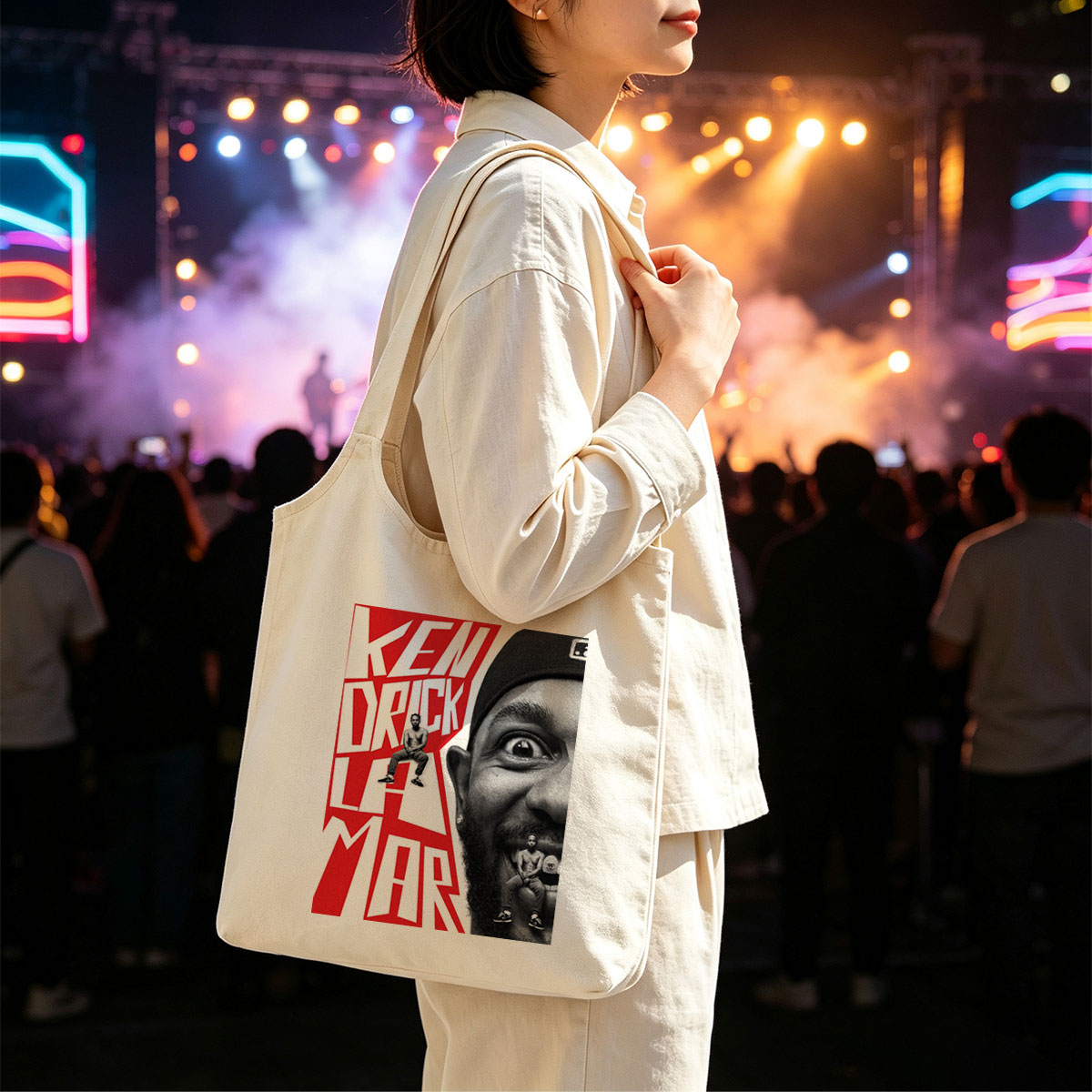 Ken Duck La Mar - Bold Red Text and Black-and-White Portrait with Miniature Figures on Face and Lettering - Canvas shoulder bags/