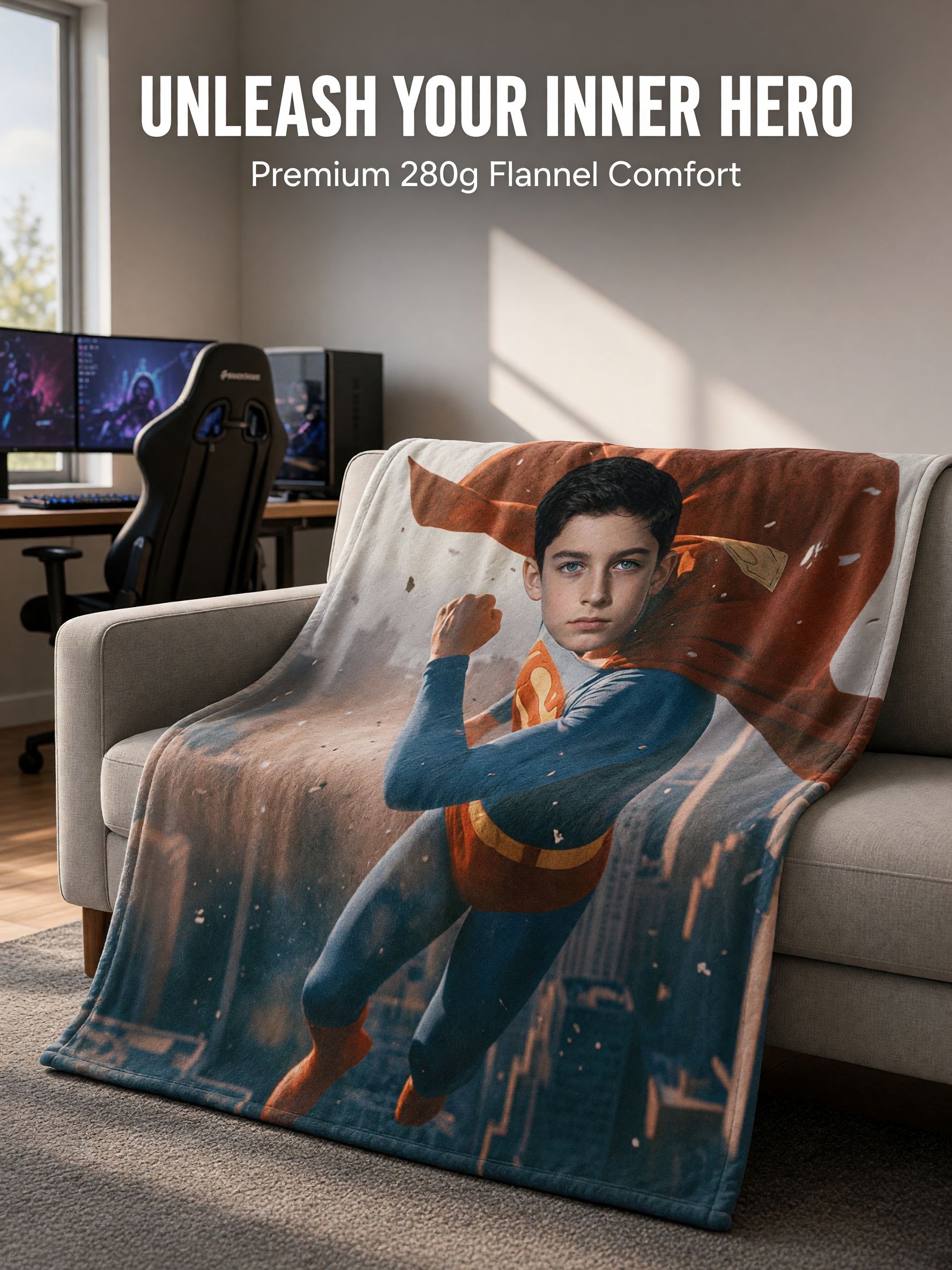 Custom Face Photo Superhero Flannel Fleece Throw Blanket Personalized Portrait Flying Hero Bedding Wrap Ultra Soft Warm