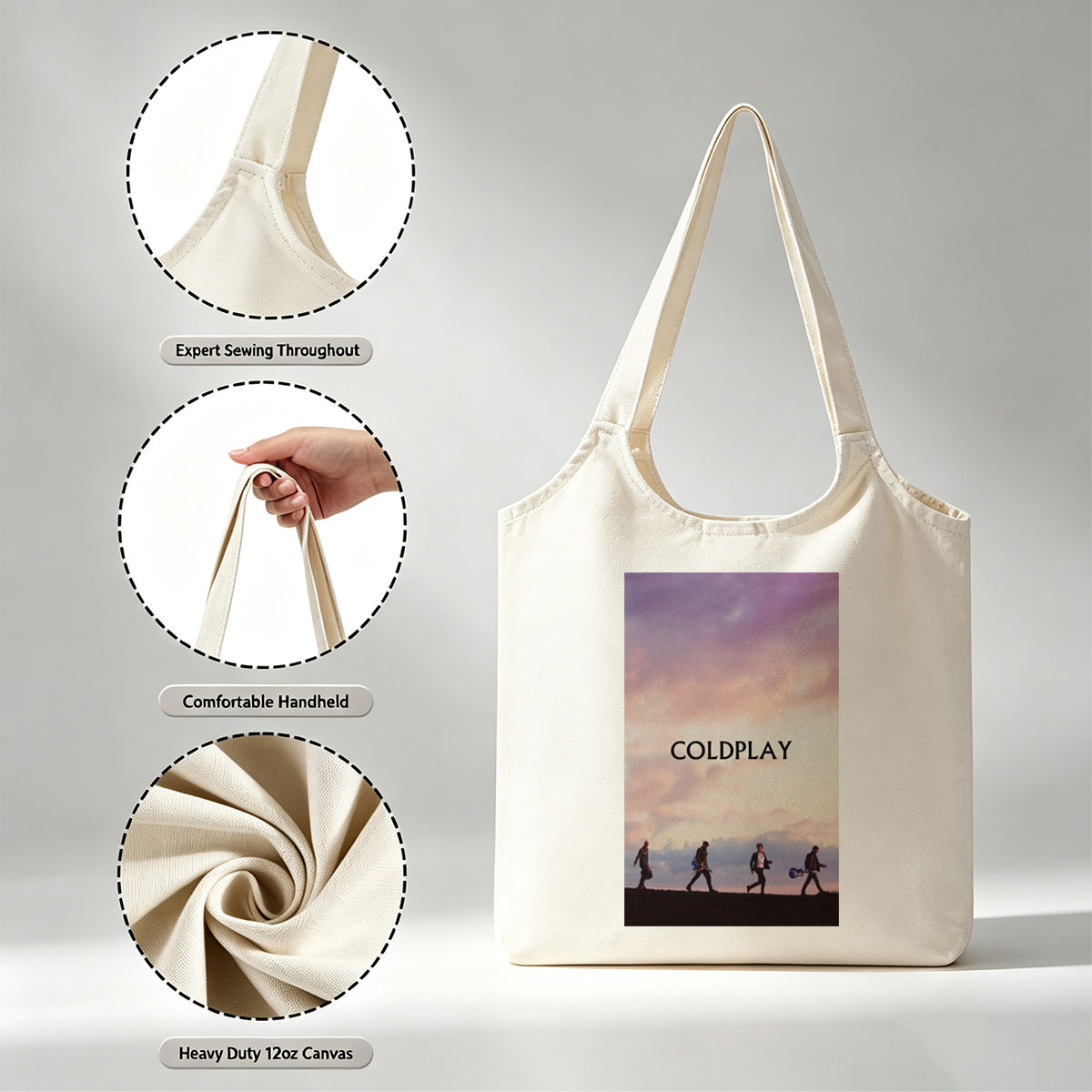 Coldplay Band Members Walking on a Hill at Sunset with Instruments - Canvas shoulder bags/