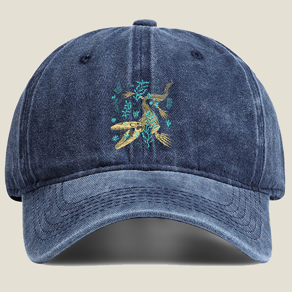Mosasaurus Skeleton in Ocean Depths - Washed Denim - Baseball Cap