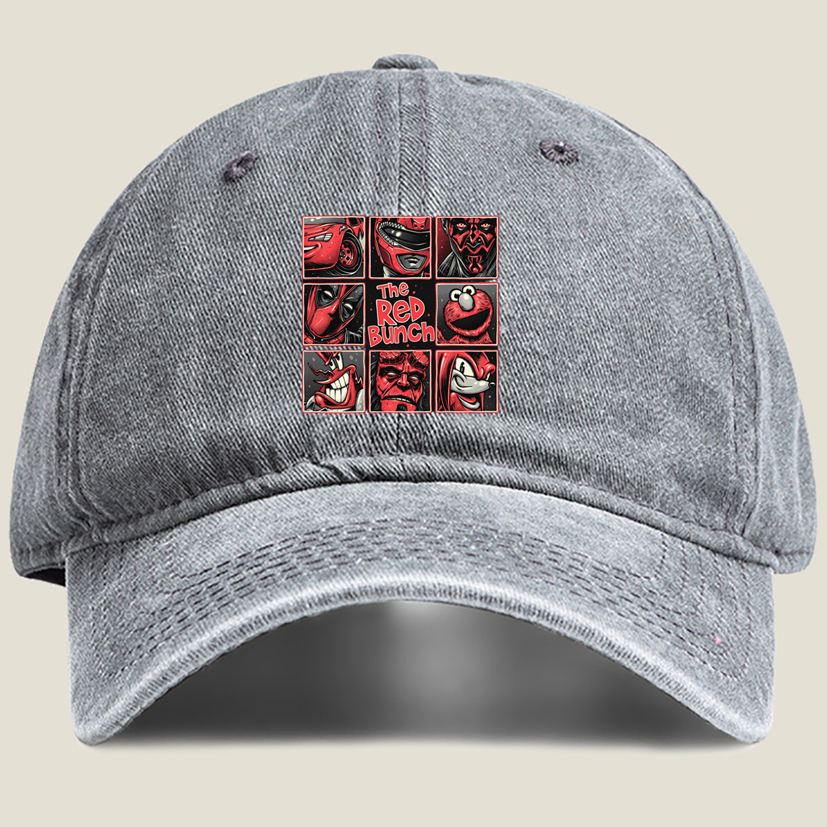 The Red Bunch: Lightning McQueen, Darth Maul, Deadpool, Elmo, Dr. Seuss's The Grinch, Hellboy, and Knuckles - Washed Denim - Baseball Cap