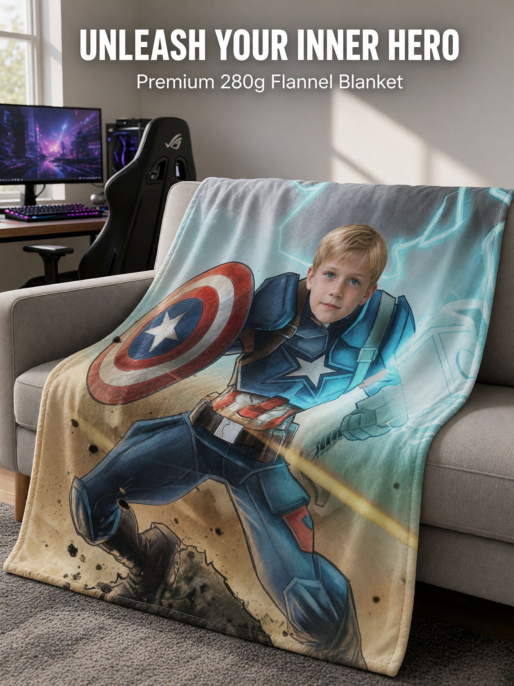 Custom Face Superhero Fleece Blanket, Personalized Photo Throw, Cozy Anti-Pilling Warm Gift for Kids