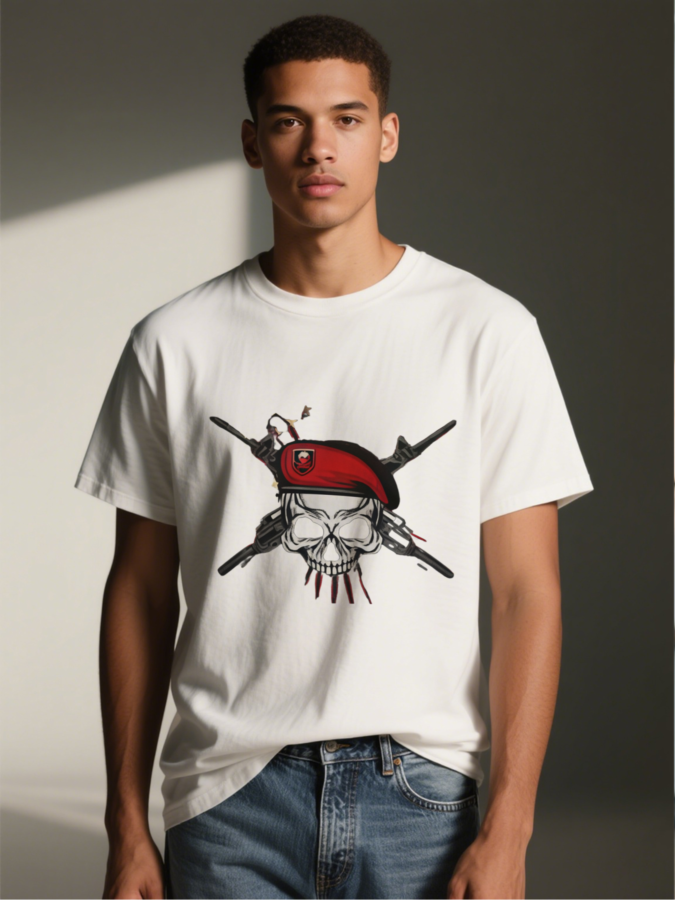 Men's Printed T-Shirt Skull with Red Beret and Crossed Guns Graphic Casual Round Neck Summer Lightweight Breathable Short Sleeve Tee for Outdoor Activities and Military-Themed Events Adult Men