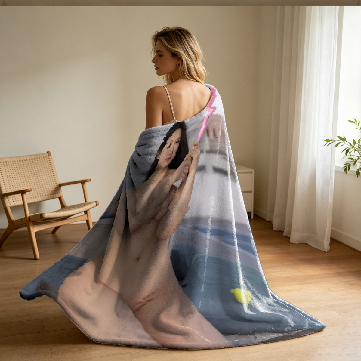 Naked Blonde in Pink Thigh-High Boots Kneeling in Egg Chair - Blanket