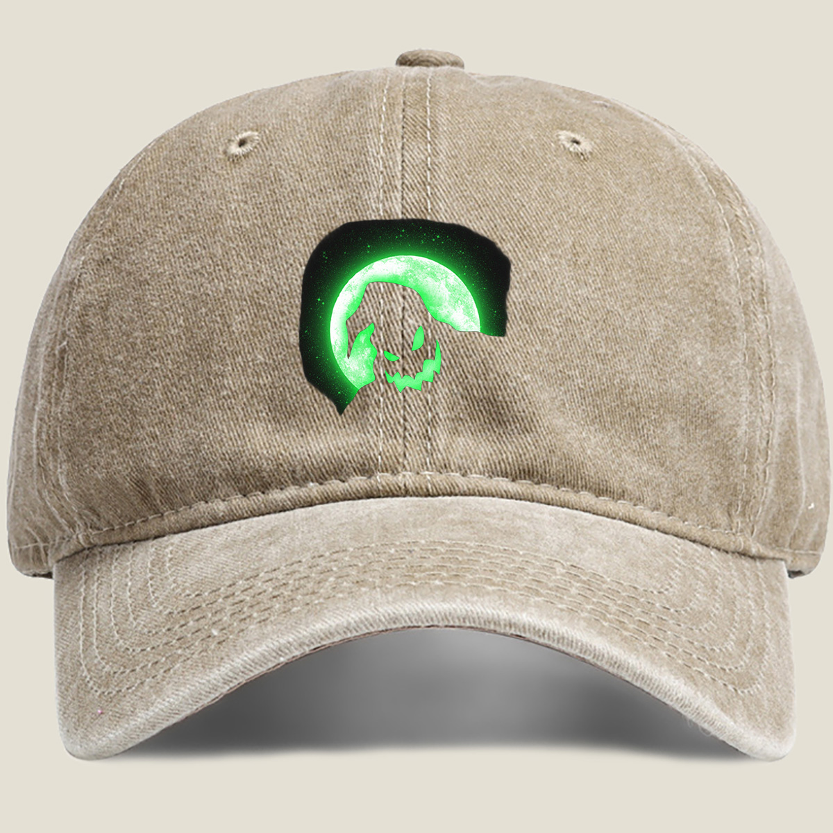 Pumpkin Head Silhouette Against Green Moon - Washed Denim - Baseball Cap