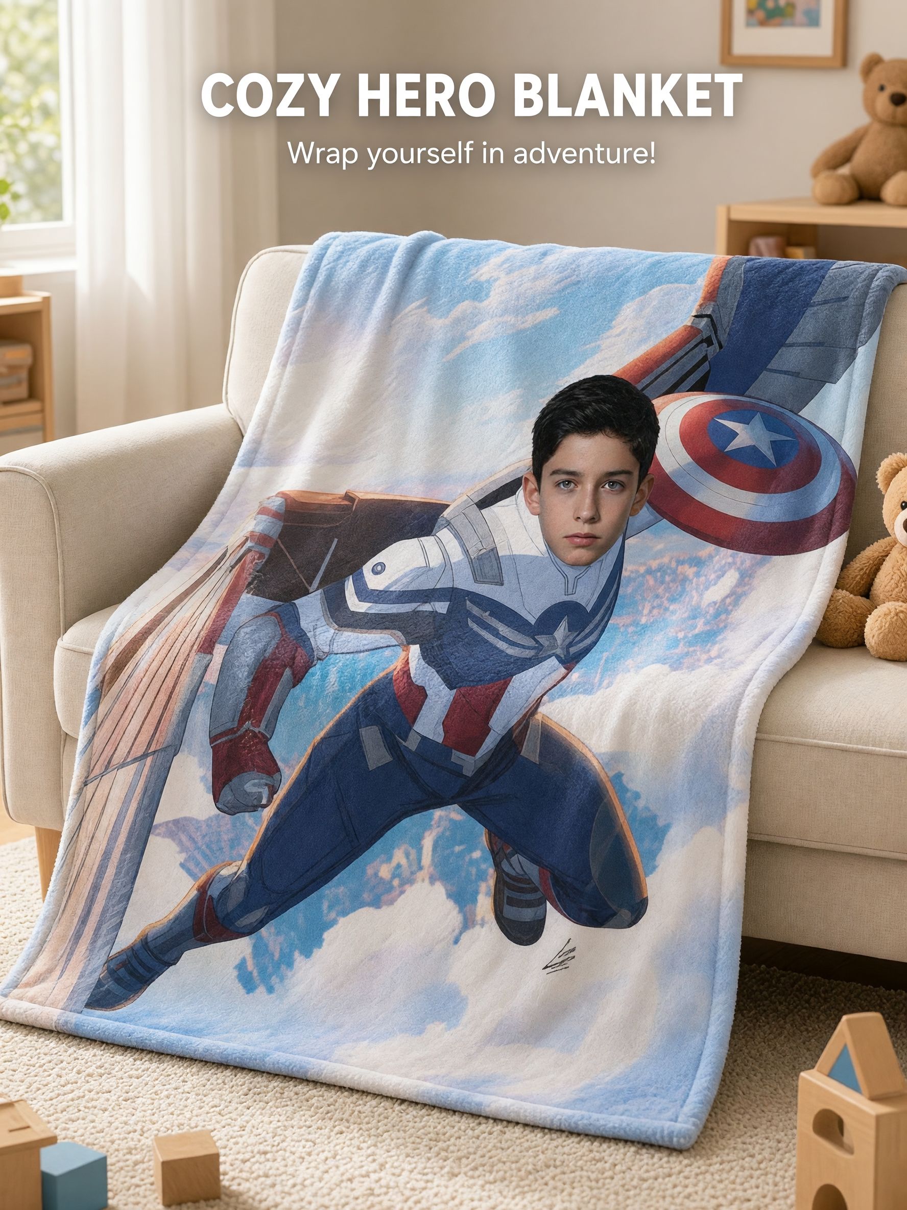 Custom Superhero Face Photo Blanket Personalized Flannel Fleece Throw Bedding Cover for Kids Boys Cozy Keepsake Gift