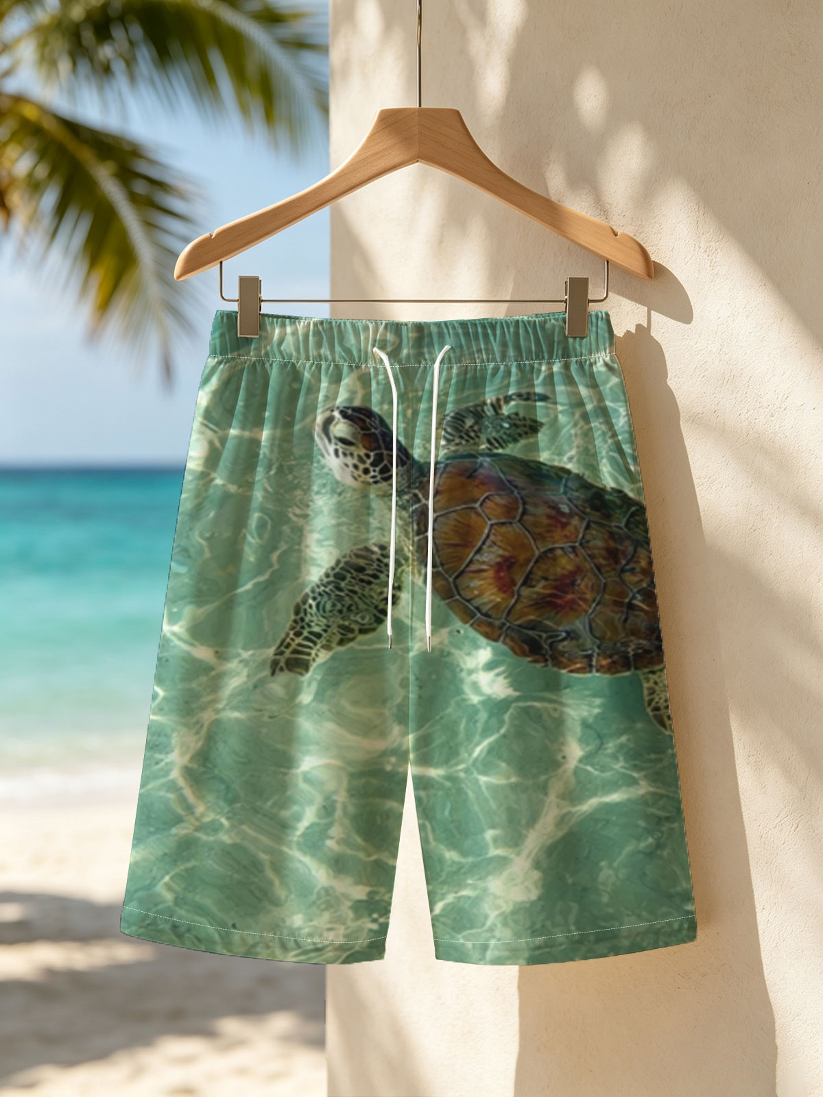 Sea Turtle Swimming in Clear Turquoise Water -  Beach shorts