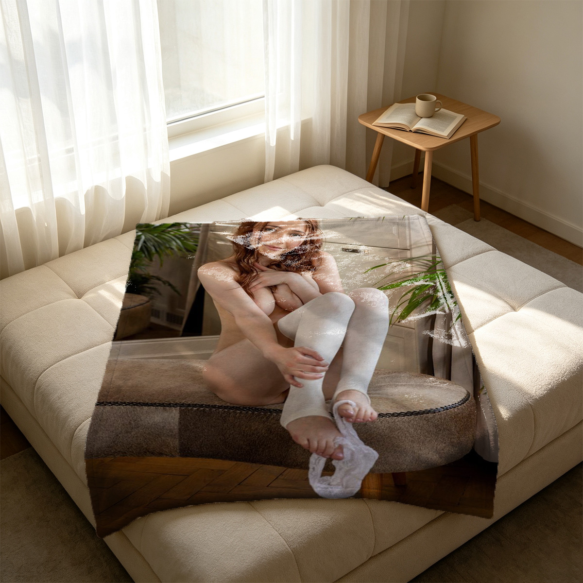 A woman in purple lace lingerie and black stockings kneeling on a bed. - Blanket