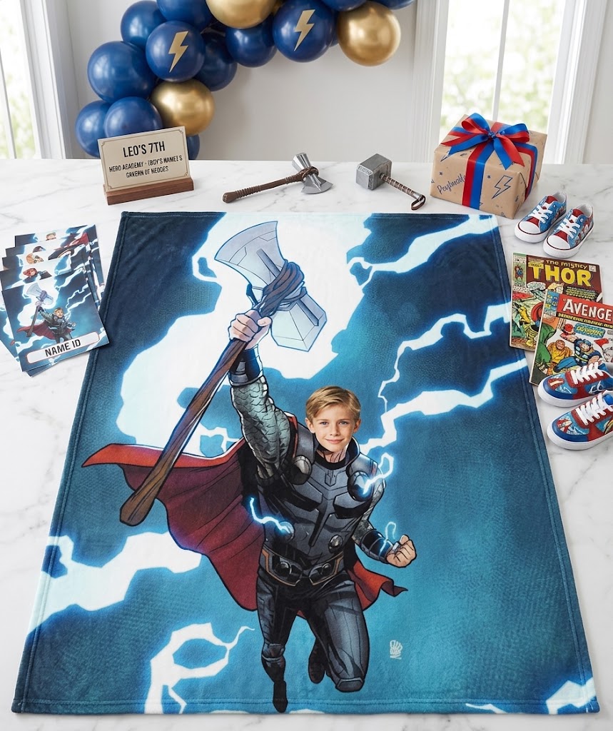Custom Photo Thor Blanket, Upload Your Kid Photo Personalized Marvel Superhero Fleece Throw Blanket, Custom Kids Bed Sofa Birthday Gift