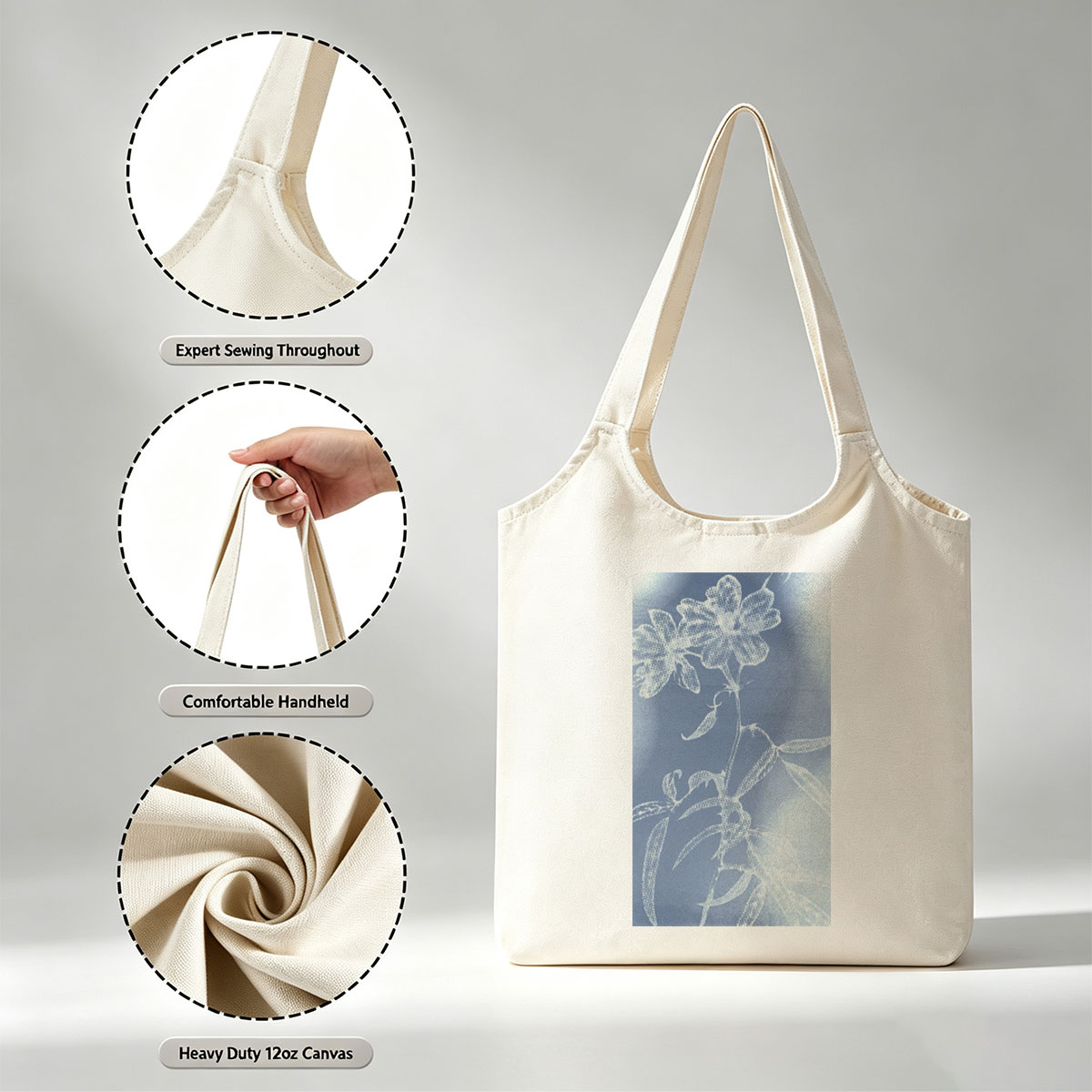 Taylor Swift in a Dreamy Floral Scene with Ethereal Blue and White Botanical Patterns - Canvas shoulder bags/