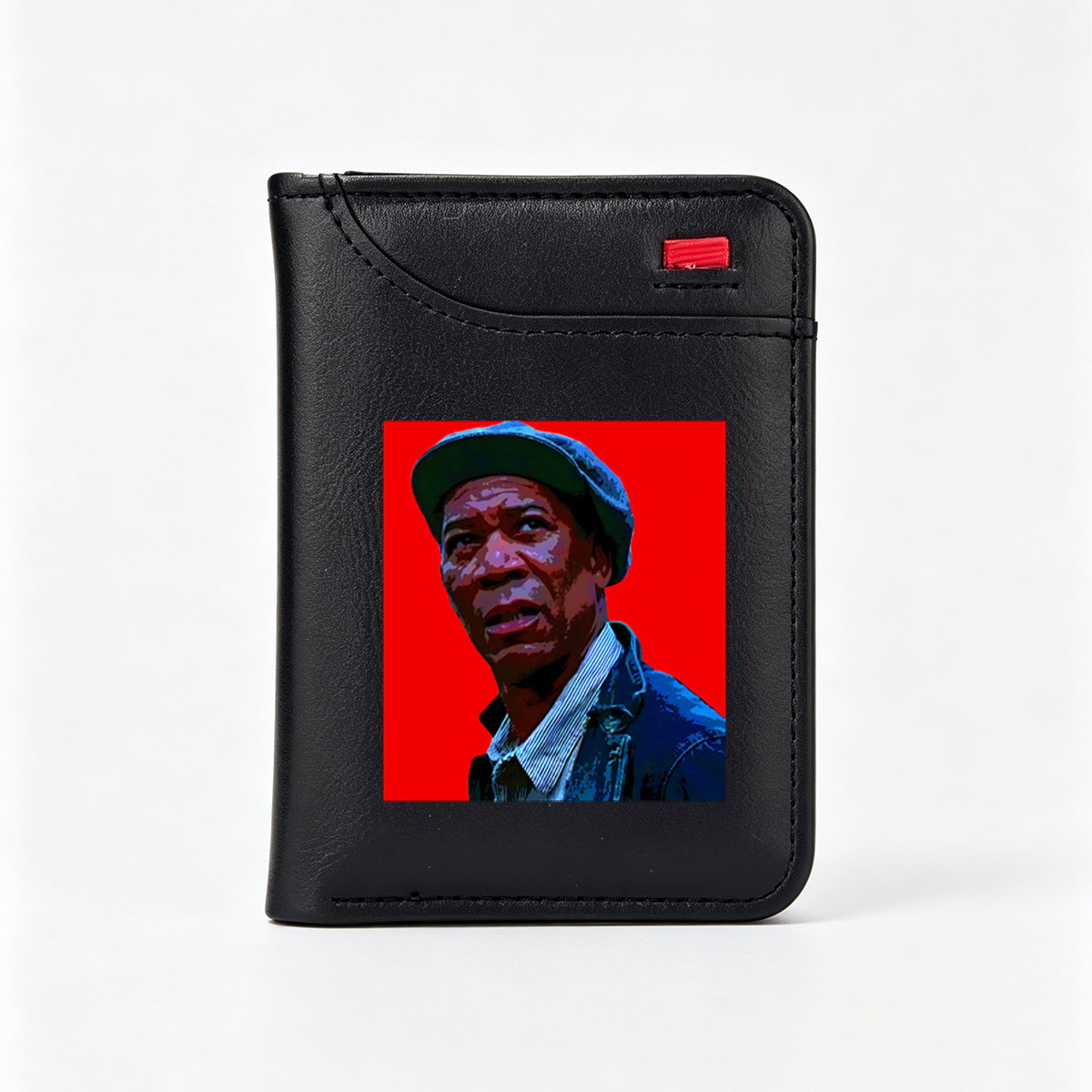 Morgan Freeman in a blue cap and jacket against a red background - Vertical Style Wallet