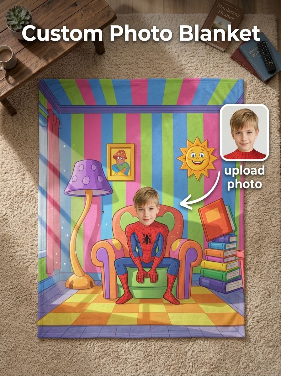 Custom Face Photo Superhero Flannel Fleece Blanket, Personalized Cozy Throw Gift for Kids Bedroom and Couch
