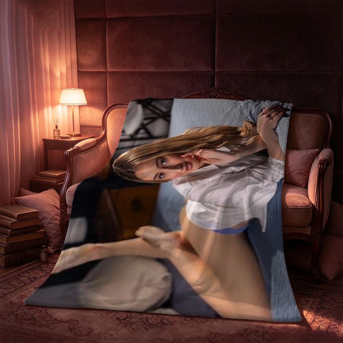 A woman in white lace lingerie kneeling on a bed. - Blanket