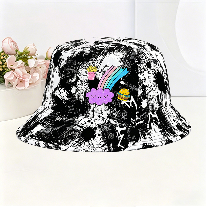 Unisex Classic Graffiti Bucket Hat with Cute Rainbow Cloud, Fries and Burger Print | Perfect for Casual Outings, Streetwear, and Daily Wear | Ideal for Teens and Young Adults Loving Fun Pop Art Style