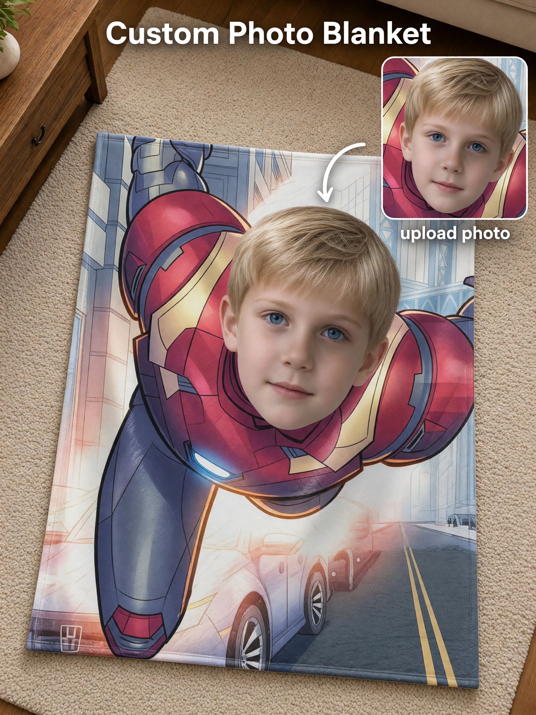 Custom Face Photo Superhero Fleece Blanket, Personalized Flannel Throw for Kids, Ideal Cozy Birthday Gift