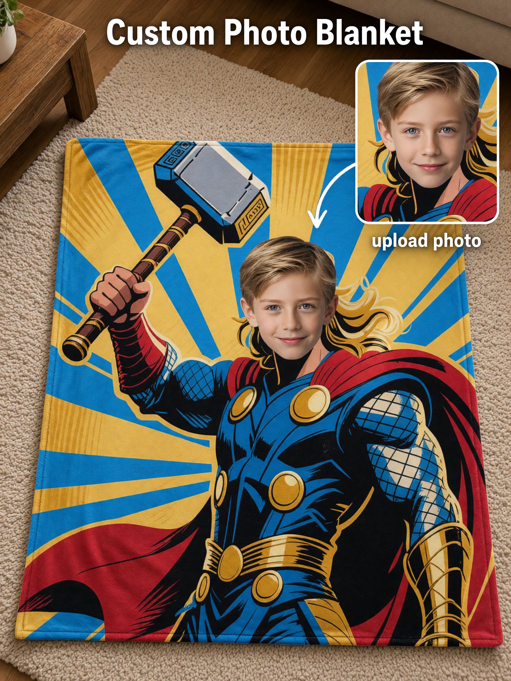 Custom Superhero Photo Face Blanket, Personalized Flannel Fleece Throw for Kids and Adults, Cozy Bed Couch Gift