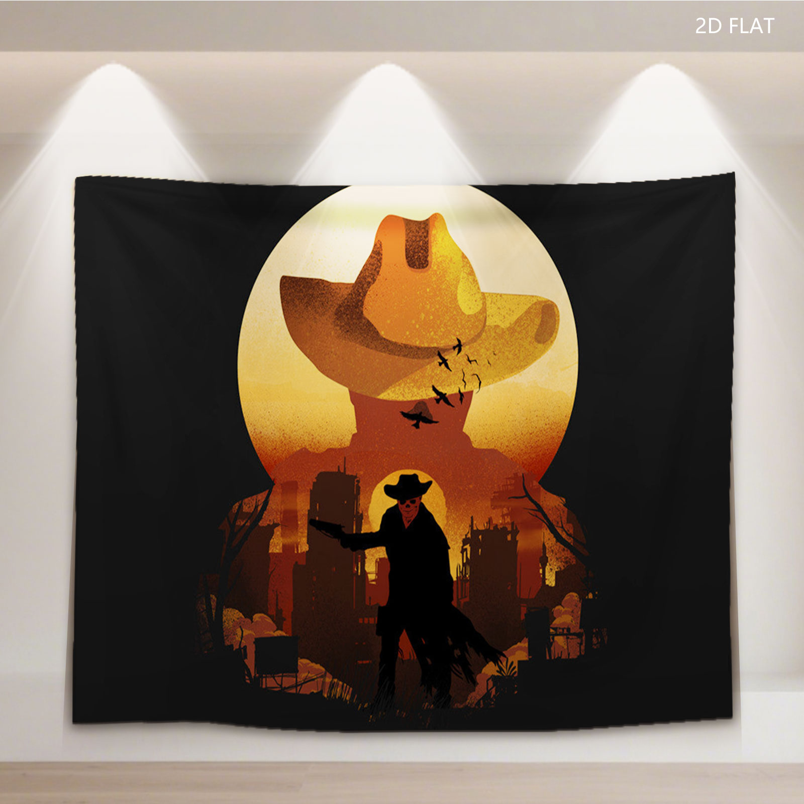 The Cowboy Silhouette Against a Moonlit Cityscape - Tapestry