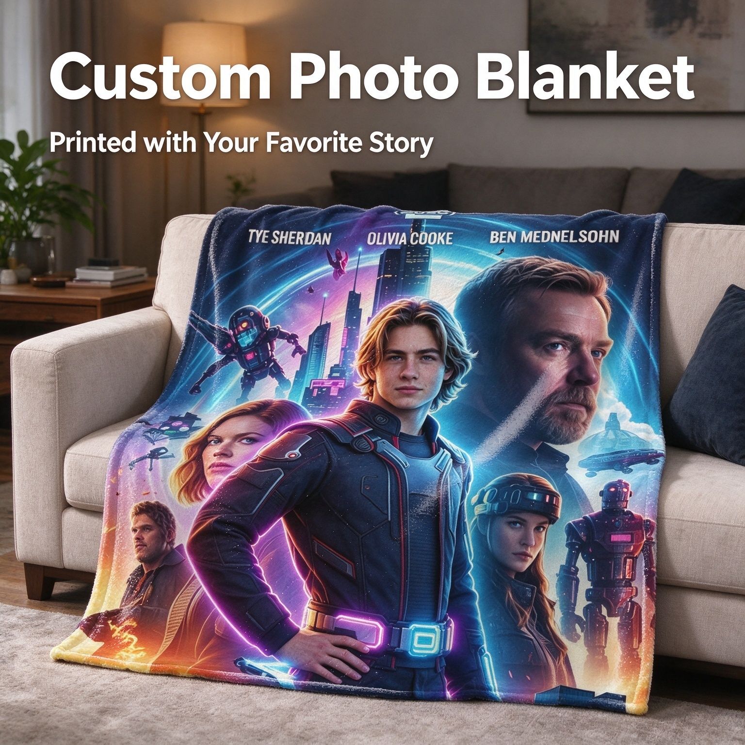 Custom Photo Sci-Fi Poster Flannel Throw Blanket Personalized Portrait Ultra Soft Anti-Pilling Fleece Bed Couch Cover